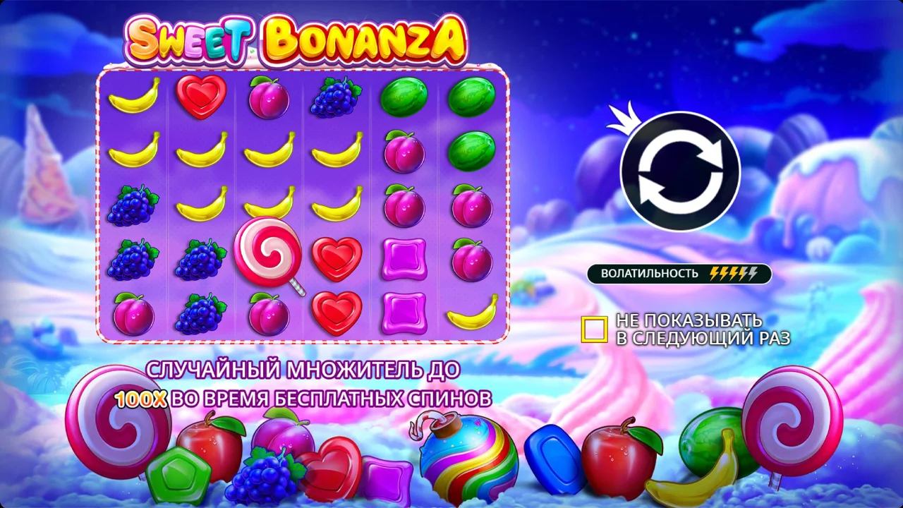 Sweet Bonanza базовая игра с кластерами конфет и Tumble-каскадом