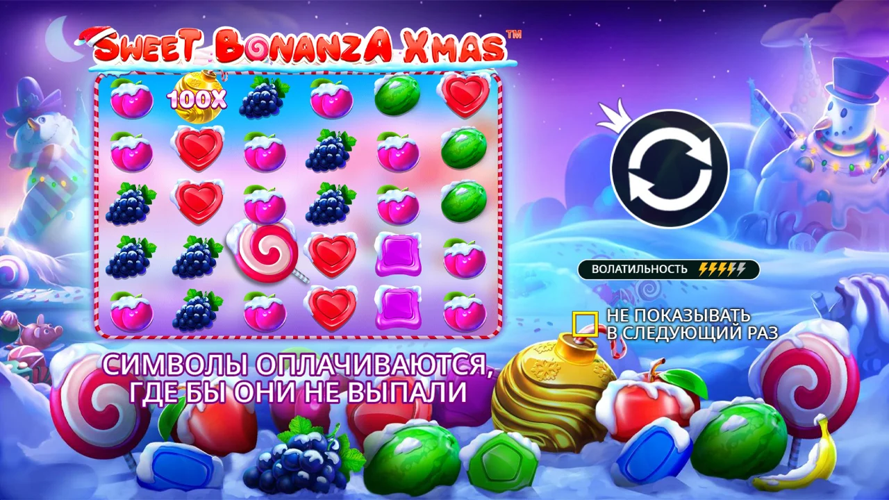Sweet Bonanza Xmas базовая игра со снежным фоном и пряниками